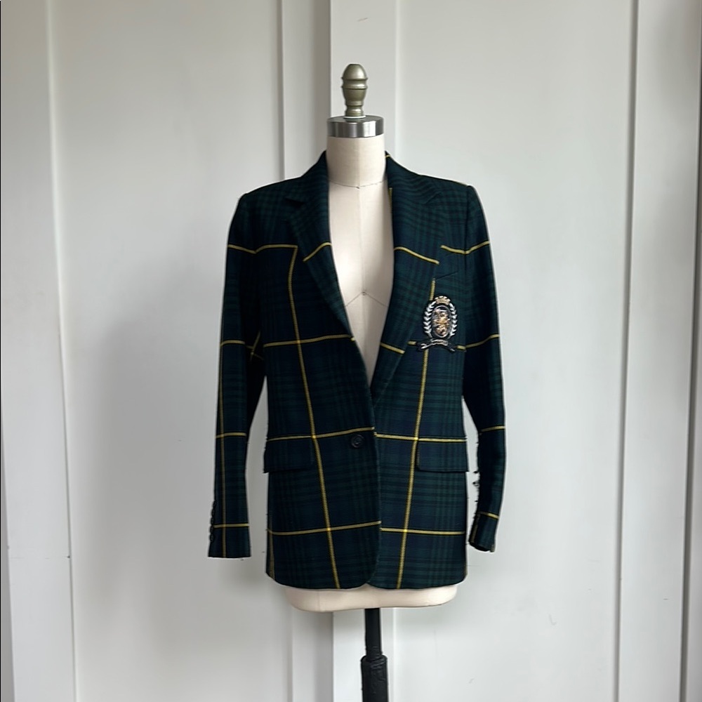 Plaid Green Blazer with Embroidered Crest